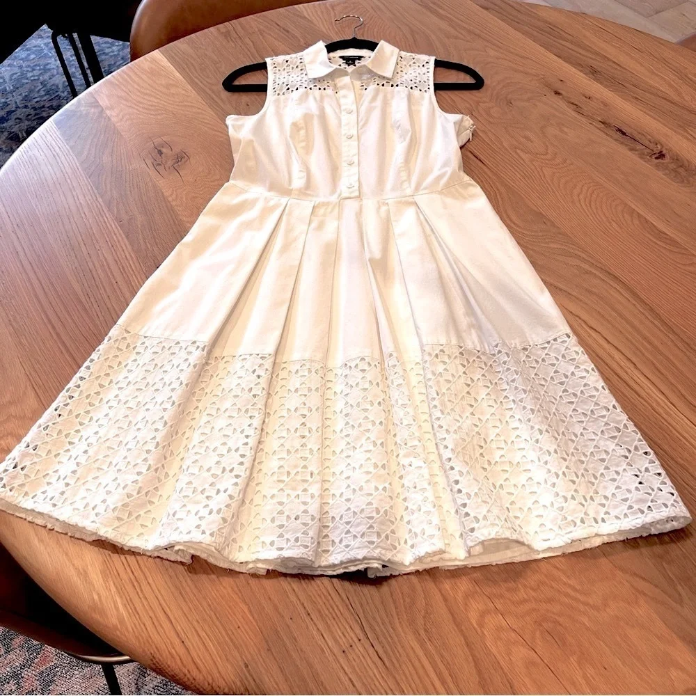 ANN TAYLOR White Eyelet Shirt Dress A-Line Cotton Lace Sleeveless Size 4 Summer - Picture 9 of 17